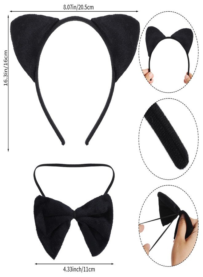 obmwang 3 Pieces Black Cat Costume Cat Ears Headband Bowtie and Tail Set Fancy Animal Cosplay for Halloween Dress Up Party - Image 2